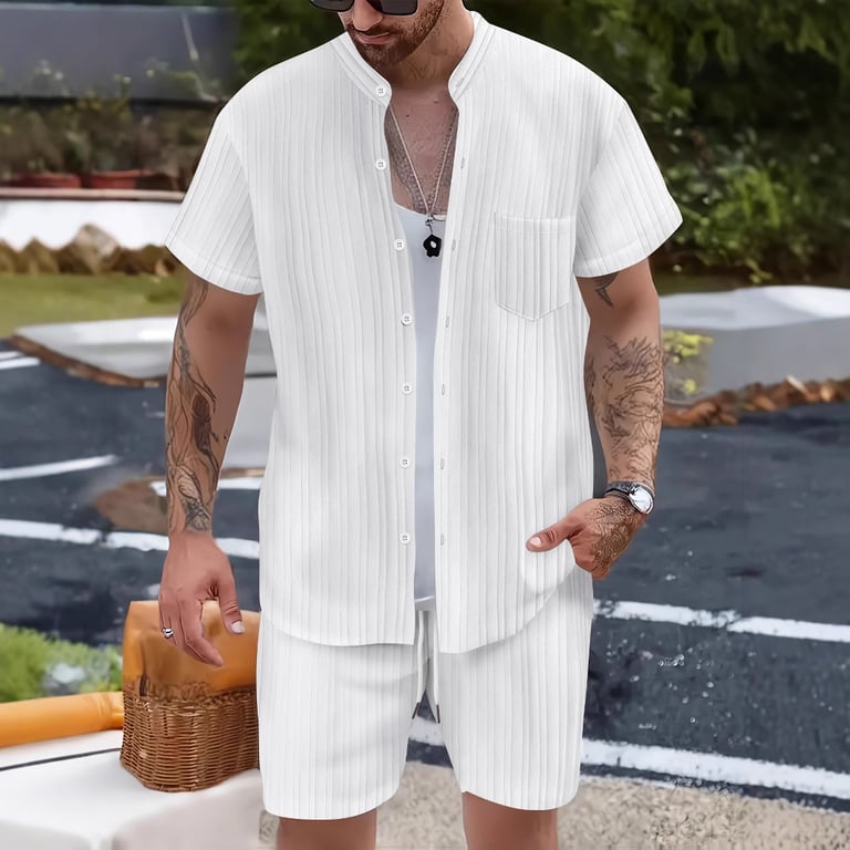 Men's Casual Stand Collar Ribbed Shirt & Shorts Set | Two-Piece