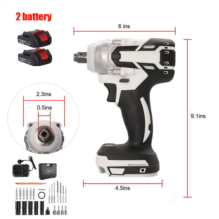 1000Nm 1-2in  Electric Cordless Impact Wrench Drill Gun - 2 Battery Ratchet Driver