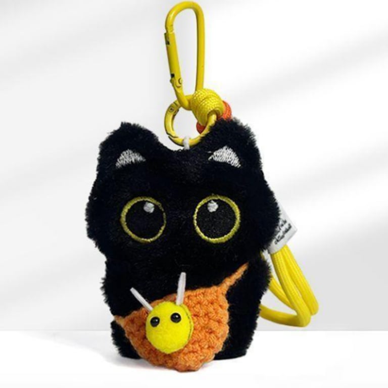 Black Cat Pendant Keychain with Bee Bib | Cute Plush Charm