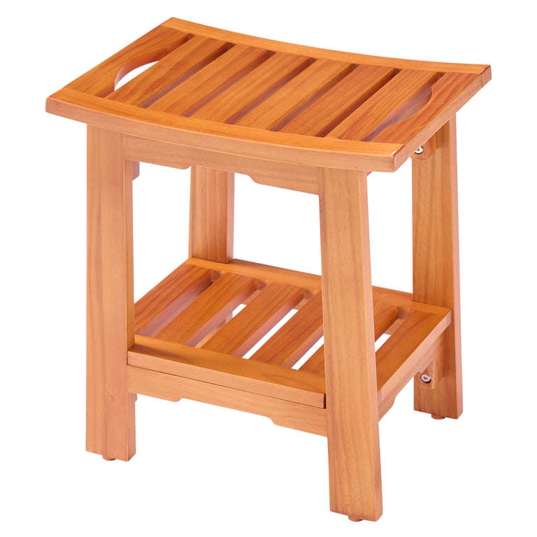 18-Inch Solid Wood Bathroom Stool with Shelf | Shower & Vanity