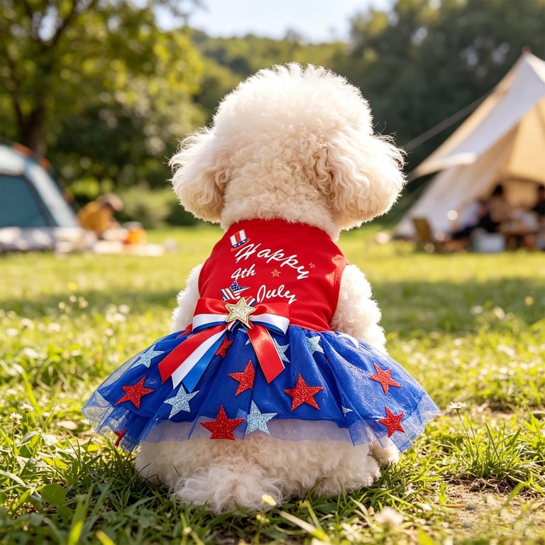 Patriotic Dog Tulle Dress | 4th of July Pet Outfit with Sparkly Stars