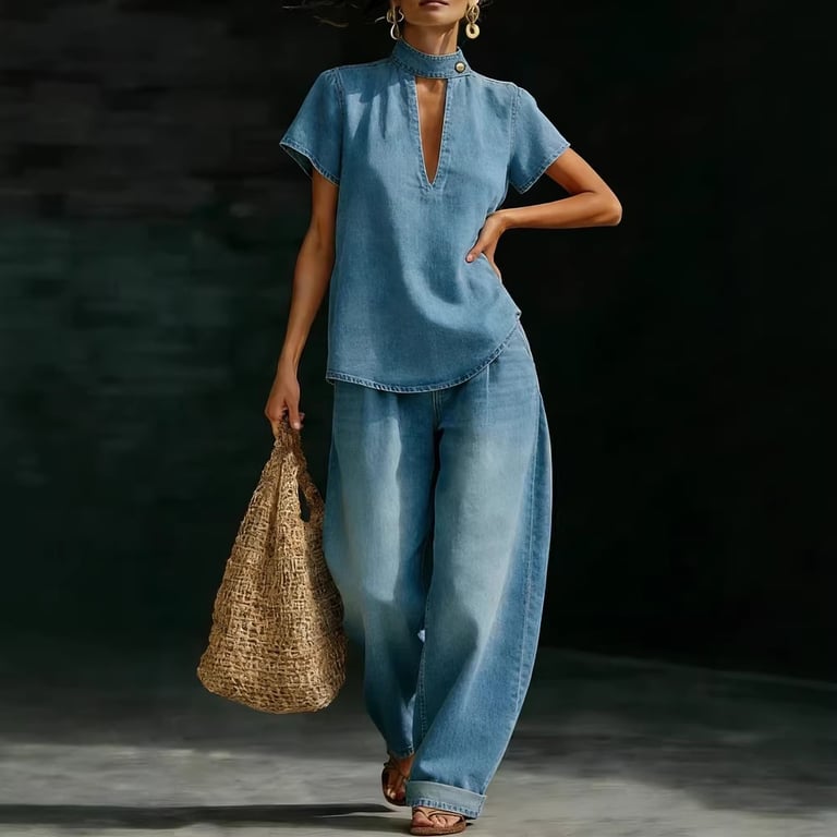 Faux Denim Two-Piece Set | Loose-Fit Short-Sleeve Top & Wide-Leg Pants