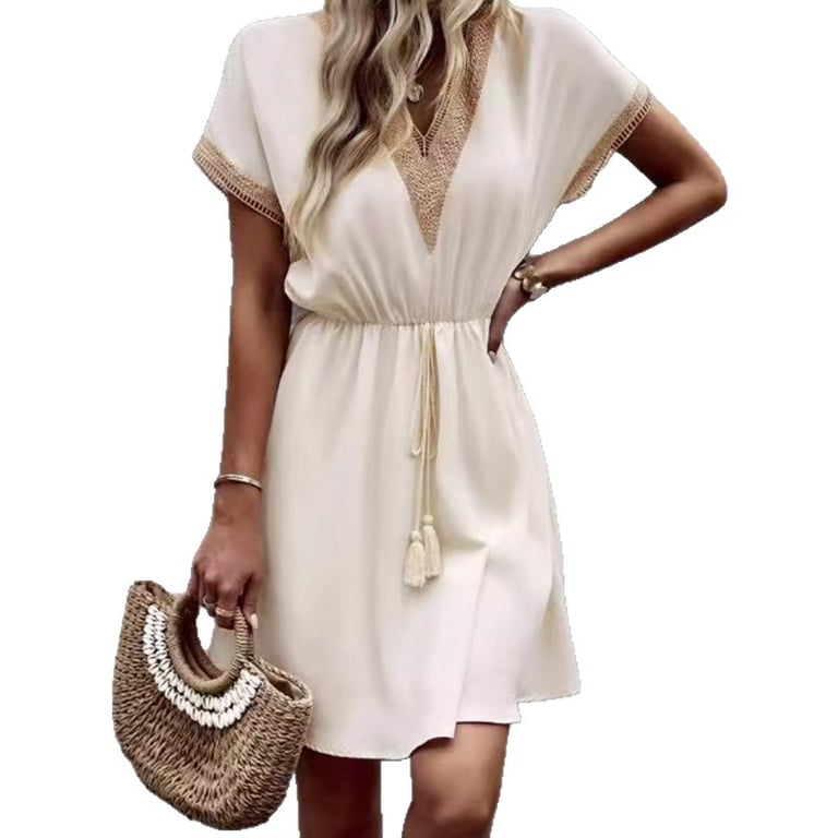 Lace-Trimmed V-Neck Waist-Cinching Dress | Casual Women's Fashion
