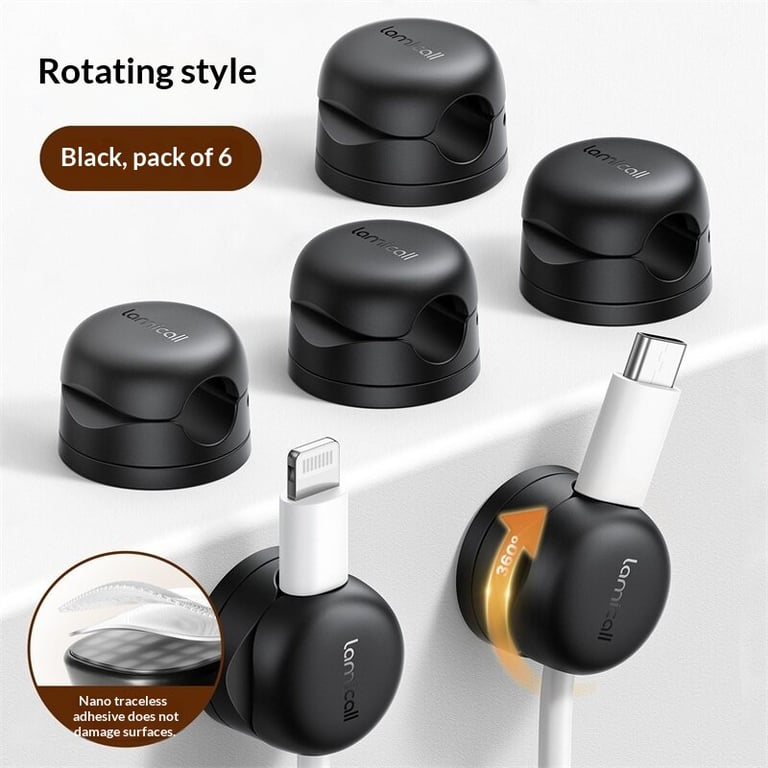 Cable Organizer Desktop Data Cable Holder | 360° Rotating | 6-Pack