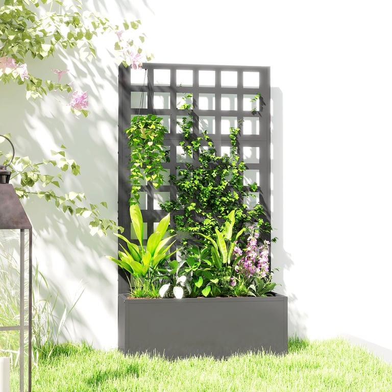 Galvanized Raised Garden Bed Planter Box with Trellis for Climbing Plants, Vegetable, Vines, 24" x 9" x 44.5", Gray