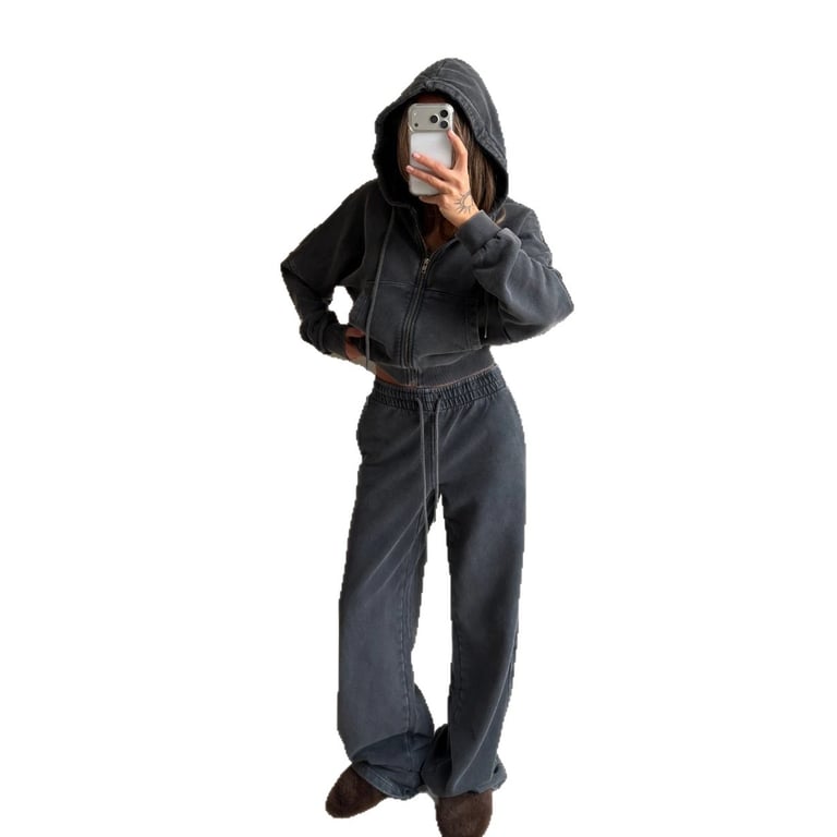 Women's Washed Hoodie Two-Piece Set | Cropped Hoodie & Wide-Leg Pants