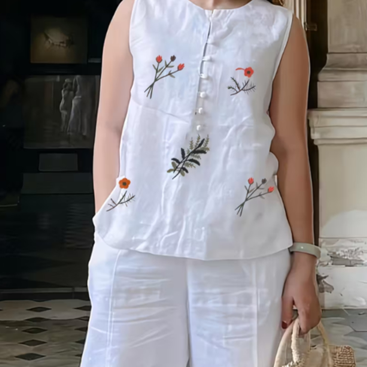 White Floral Embroidered Women's Linen Set | Relaxed Two-Piece