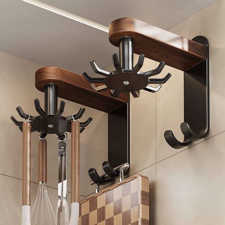 Walnut Wood Swivel Kitchen Hooks | Wall-Mounted Utensil Organizer