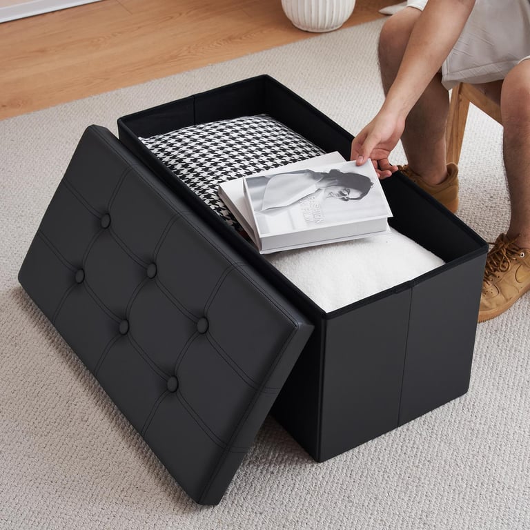 Foldable Storage Ottoman Seat | Button Tufted Bench Toy Box Canada