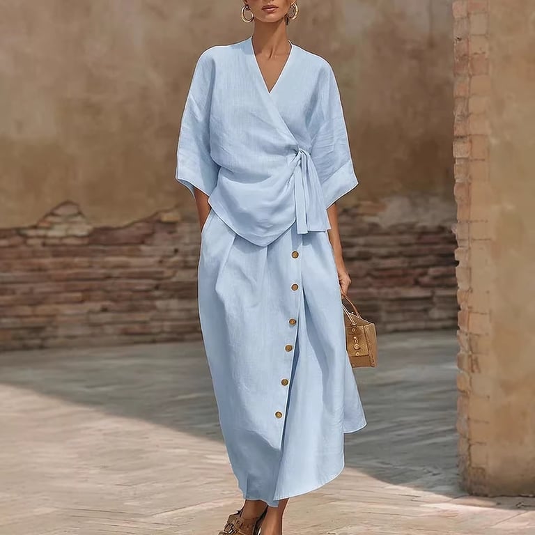 Women's Casual Loose Skirt Two-Piece Set | Linen Wrap Top & Button Skirt