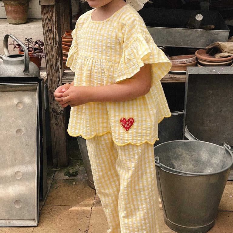 Yellow Plaid Ruffle-Sleeve Kids Set | Nordic Summer Outfit for Girls