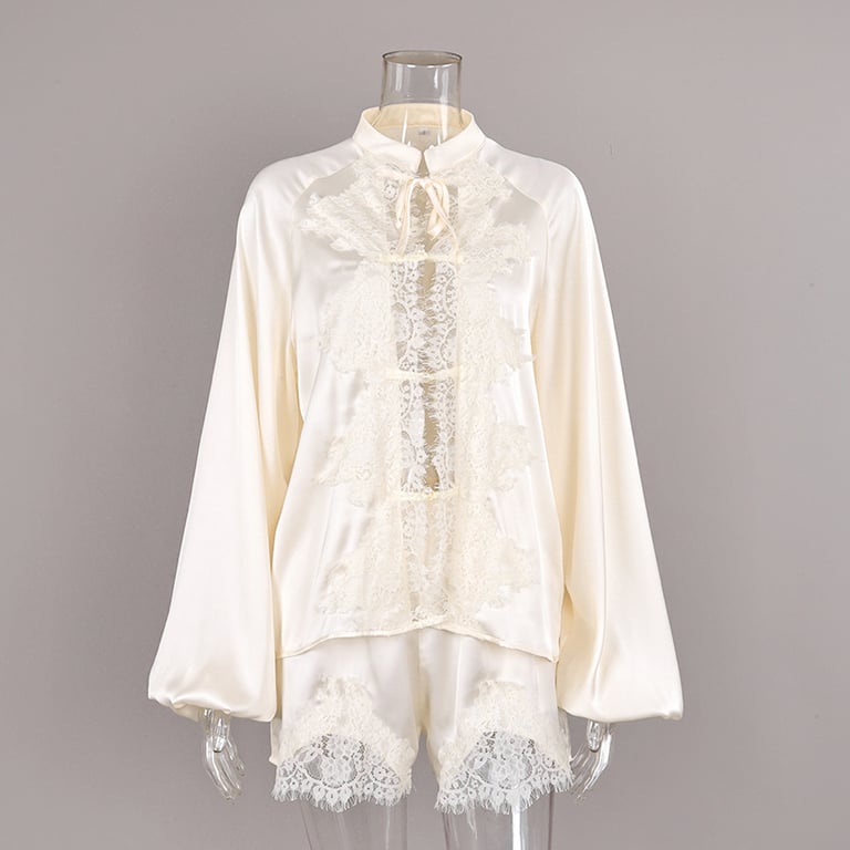 Off-White Ice-Silk Satin Lace-Trimmed Tie-Front Womens Pajama Set