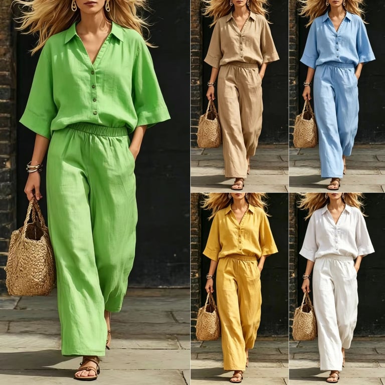 Women's Linen Two-Piece Set | Short-Sleeve Shirt & Loose Pants