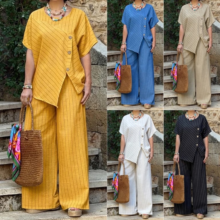 Striped Two-Piece Set | Asymmetrical Shirt & Loose Pants for Women