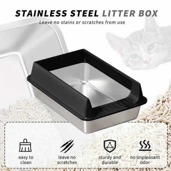 Stainless Steel Cat Litter Box - Non-Stick, Scratch Resistant, Easy To Clean, Odorless & Durable