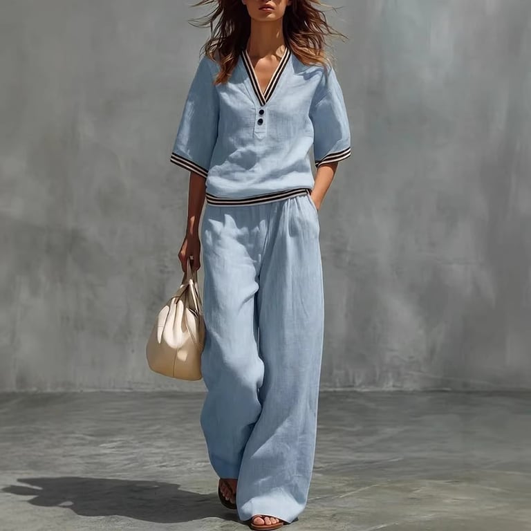 Cotton-Linen V-Neck Shirt & Pants Set | Casual Comfort