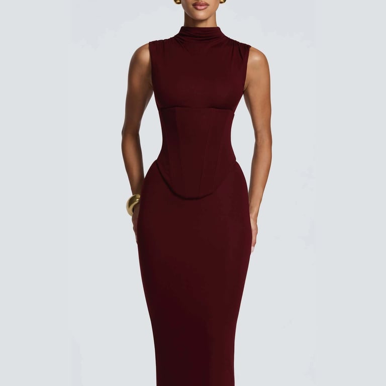 Women's Solid-Color Turtleneck Sleeveless Waist-Cinching Maxi Dress | Home & Kitchen