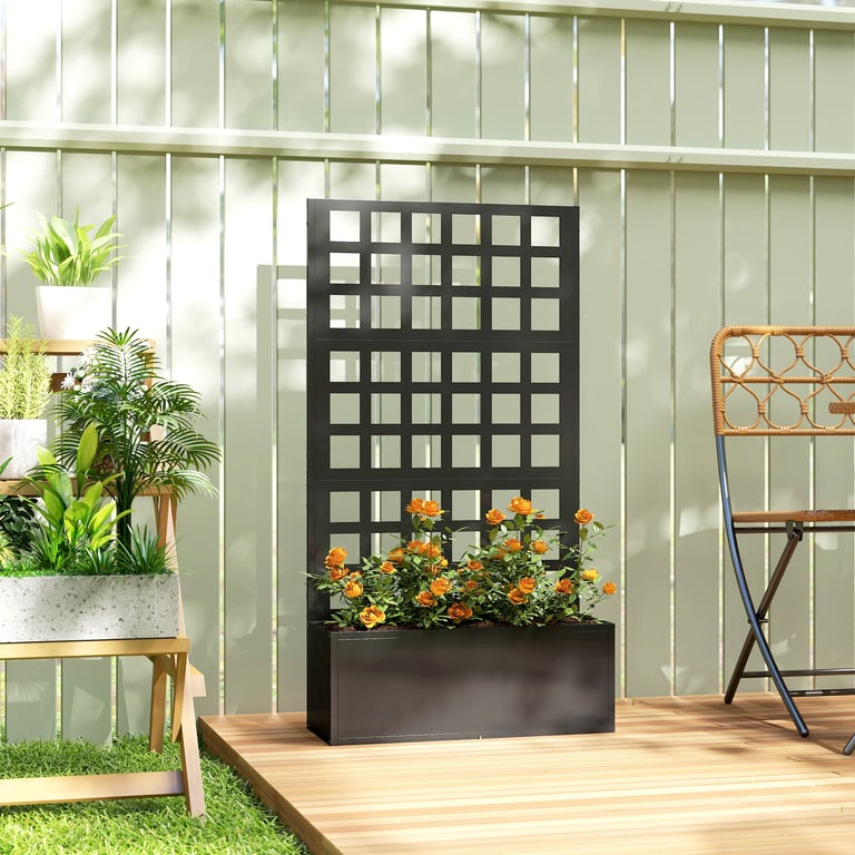 Galvanized Raised Garden Bed with Trellis | 24x9x44.5 Black Planter