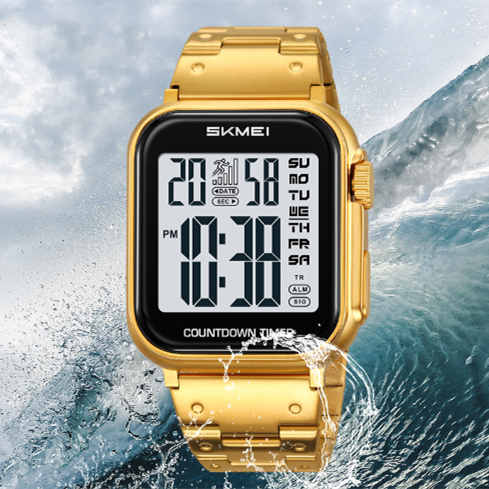 Men's Steel-Band Digital Watch with Dual Time, Alarm & Waterproof Sports Design