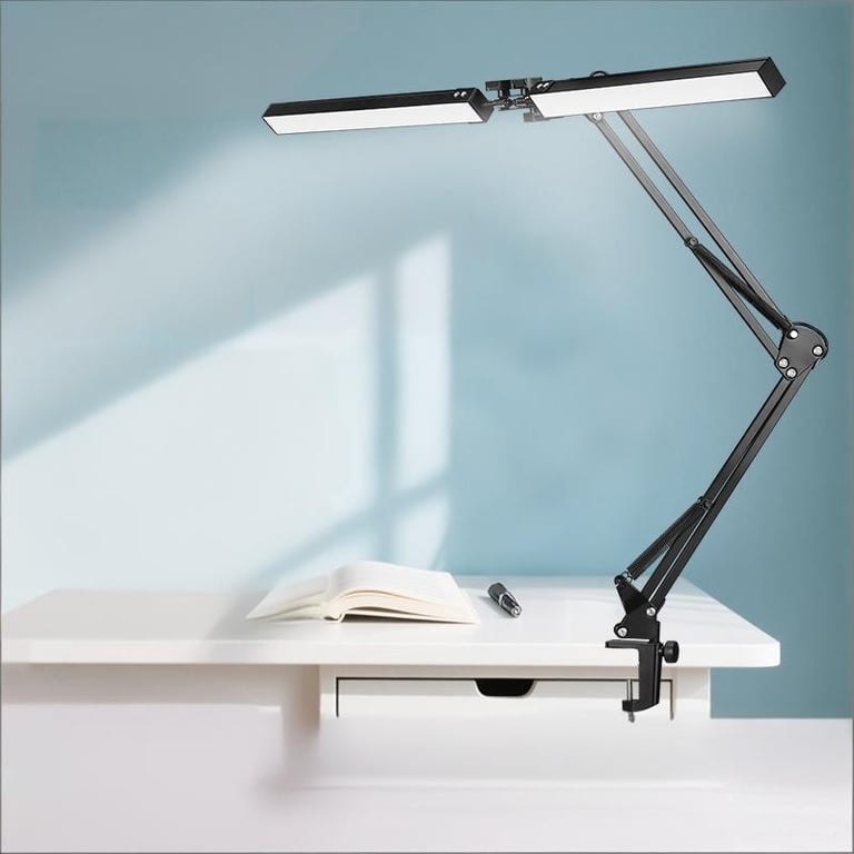 Double-Head LED Desk Lamp with Swing Arm Clamp | Dimmable Adjustable