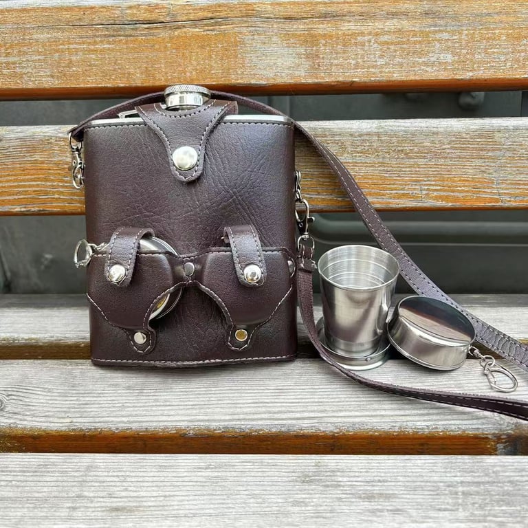 Portable Backpack Flask Sleeve with Telescoping Cups | Leather