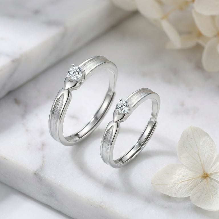 925 Sterling Silver Couple Rings with Zirconia | Adjustable Bands