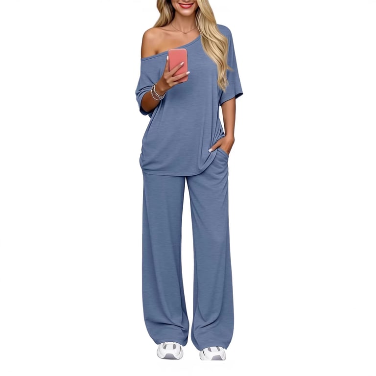 Off-Shoulder Loose Two-Piece Set | Wide-Leg Pants & Casual Top