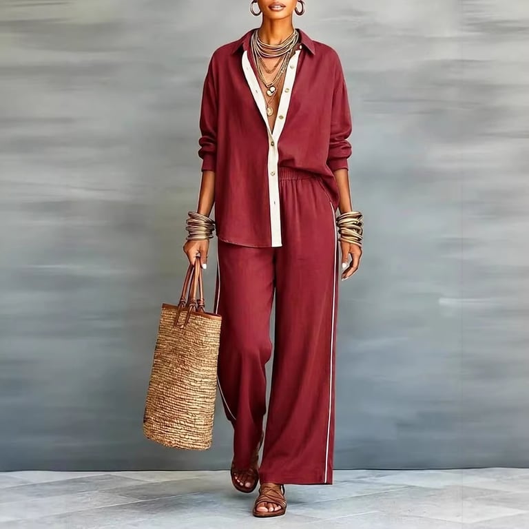 Women's Contrast-Color Casual Loose Pants Two-Piece Set | Comfy