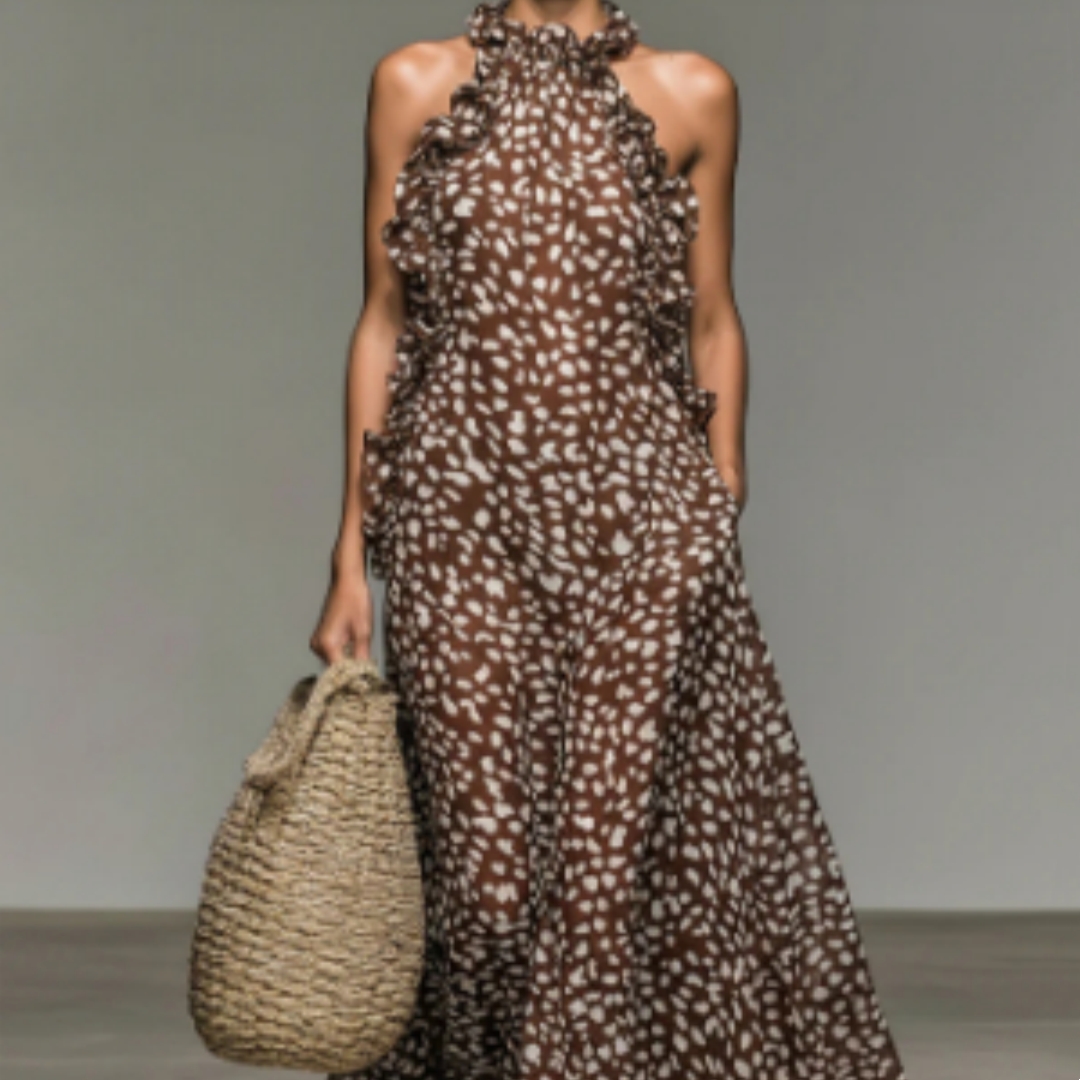 Women's Brown Speckled Maxi Dress with Ruffled Halter Neckline | Pockets