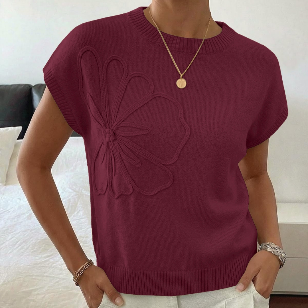 Jacquard Womens Knitted Short-Sleeve Flower Sweater | Soft Casual Top