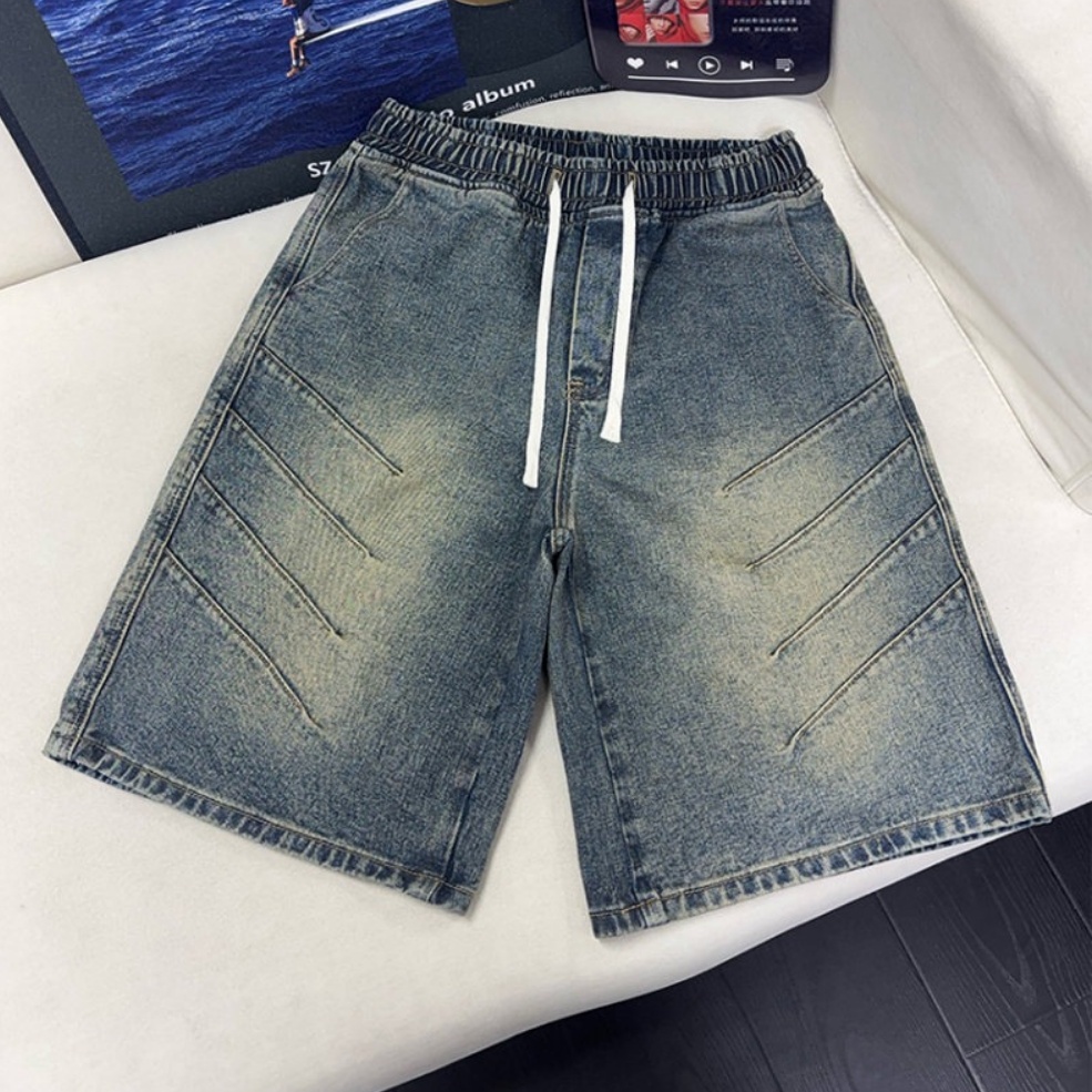 Washed Wrinkle-Effect Denim Shorts for Men | Casual Mid-Length